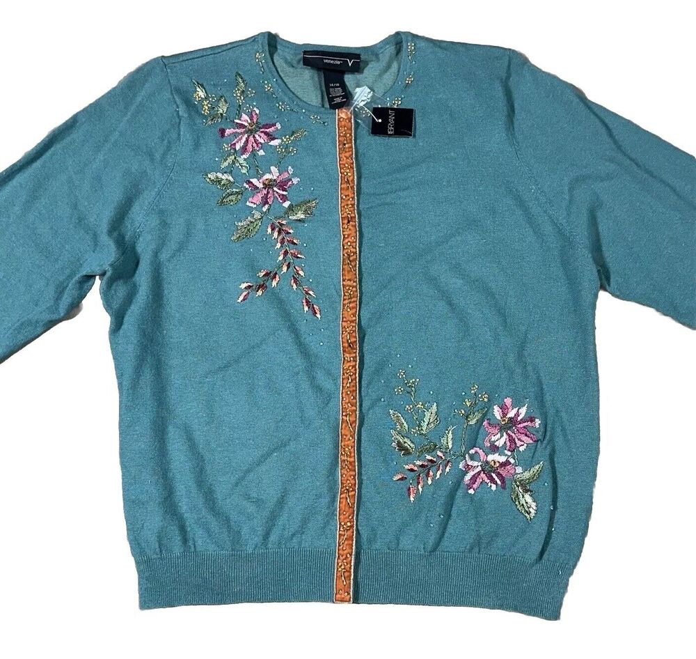 NWT Venezia Multicolor Floral Crew Neck Cardigan Sweater Women Size 14/16